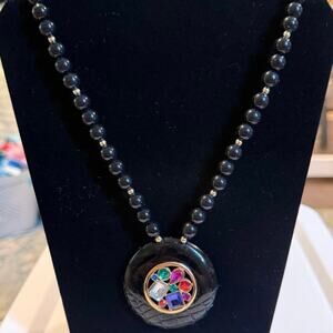 Vintage 80s Black Resin Encrusted Rhinestone Necklace